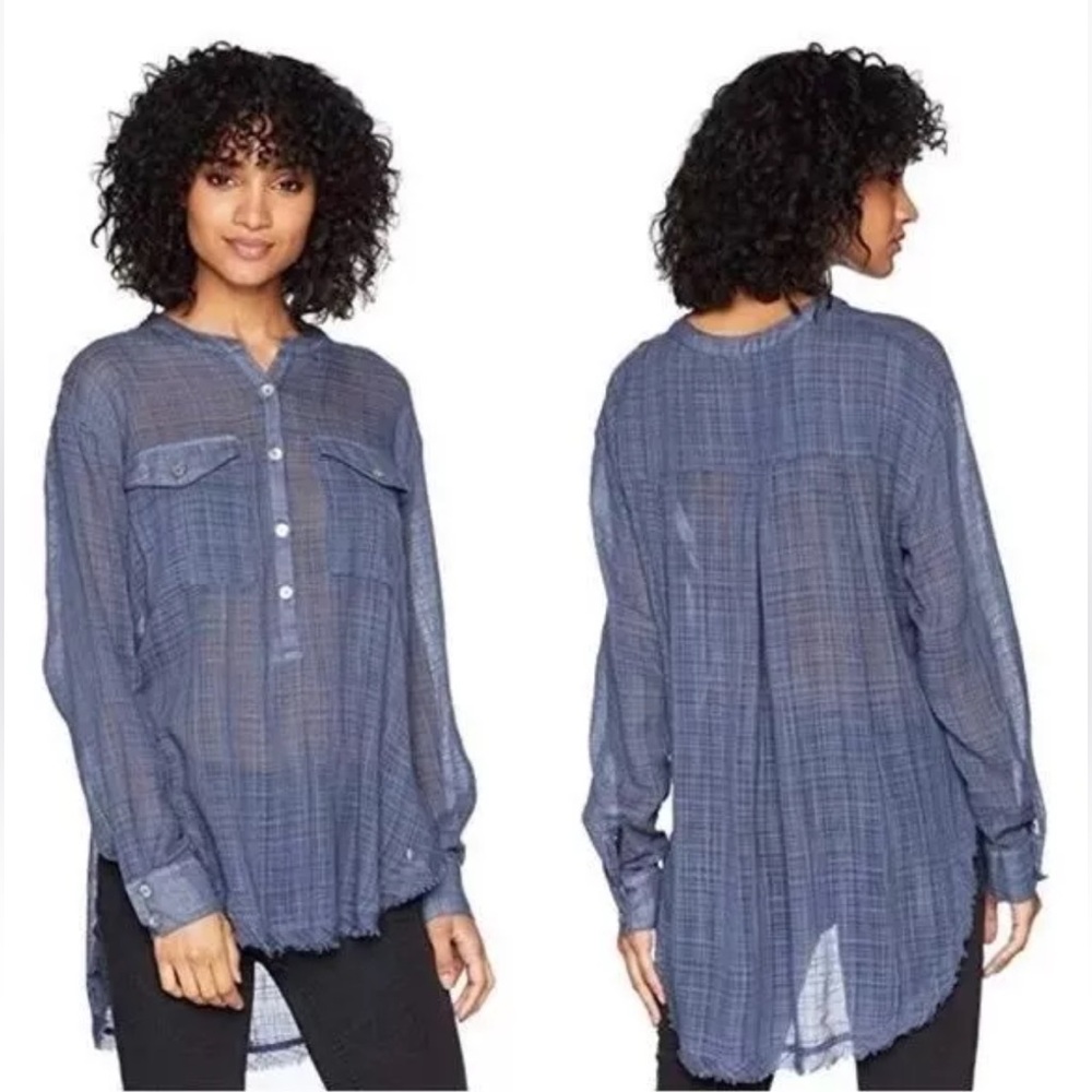 NWOT Free People Talk To Me Popover Gauze Tunic Shirt Blouse XS Small sheer blue